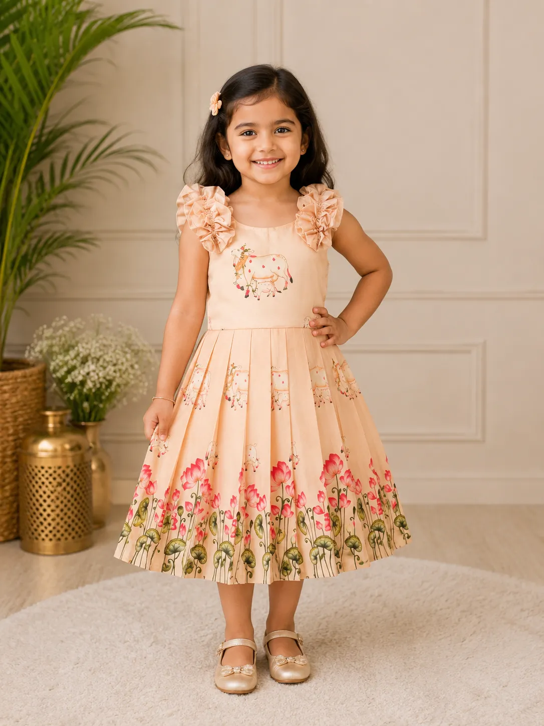 Cow and Lotus Print Ruffle Cotton Set