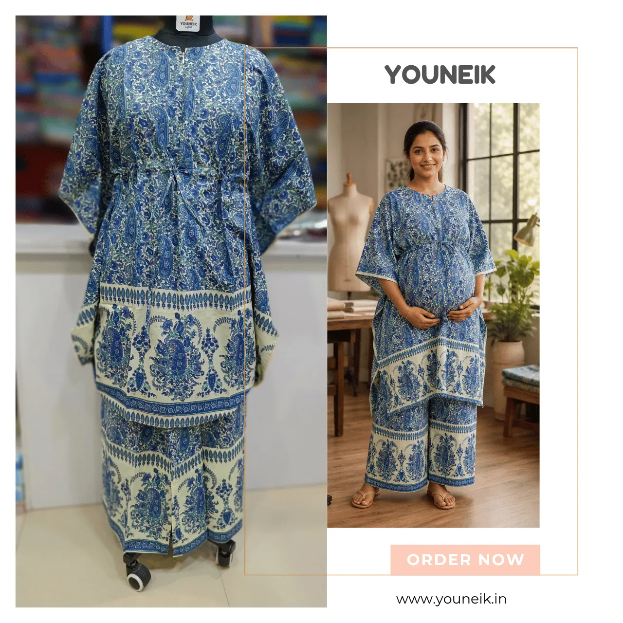 Feeding Friendly Kaftan Co-Ord Set | Cotton Kaftan Top with Palazzo Pants- Blue Kalamkari