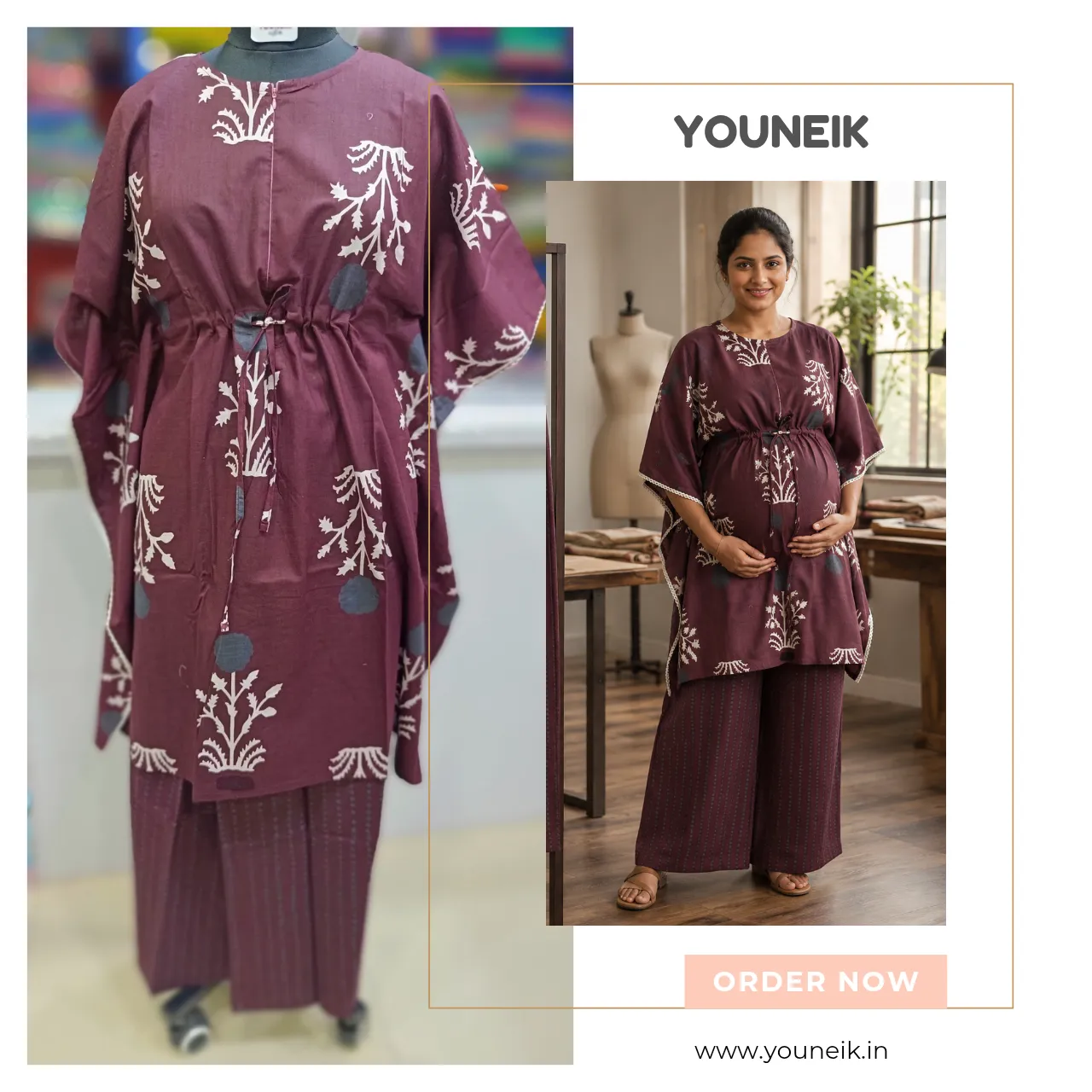 Feeding Friendly Kaftan Co-Ord Set | Cotton Kaftan Top with Palazzo Pants- Maroon