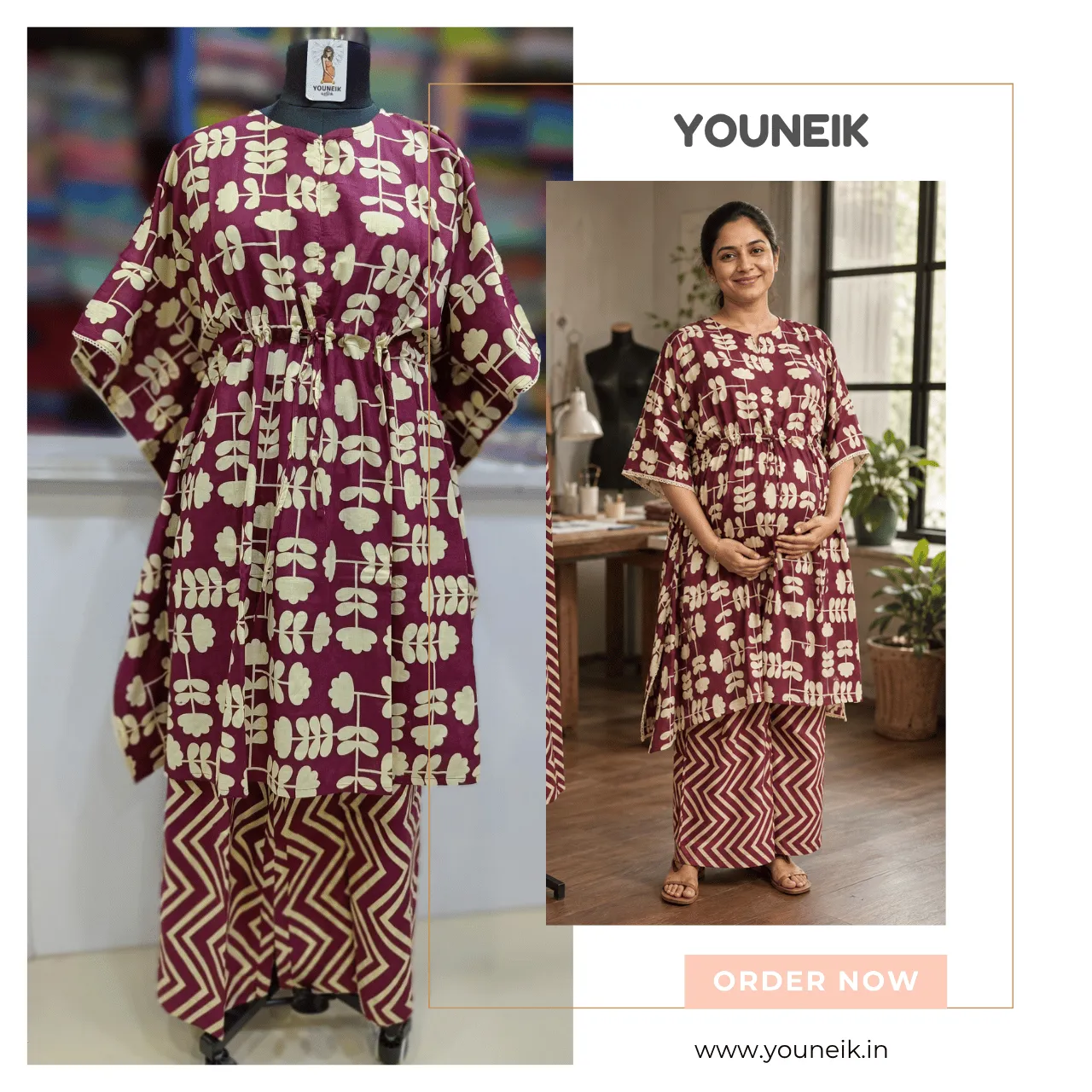 Feeding Friendly Kaftan Co-Ord Set | Cotton Kaftan Top with Palazzo Pants- Maroon White Flower 