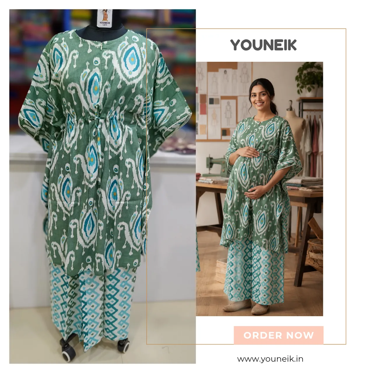 Feeding Friendly Kaftan Co-Ord Set | Cotton Kaftan Top with Palazzo Pants- Teal Green 