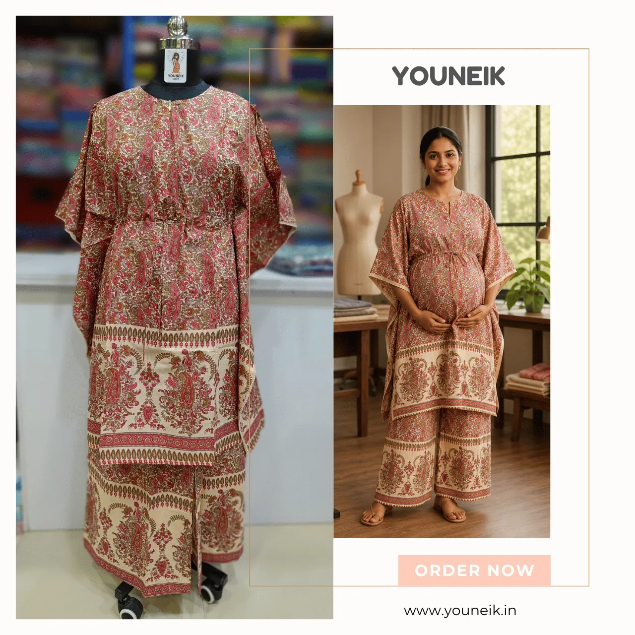 Feeding Friendly Kaftan Co-Ord Set | Cotton Kaftan Top with Palazzo Pants- Peach Kalamkari