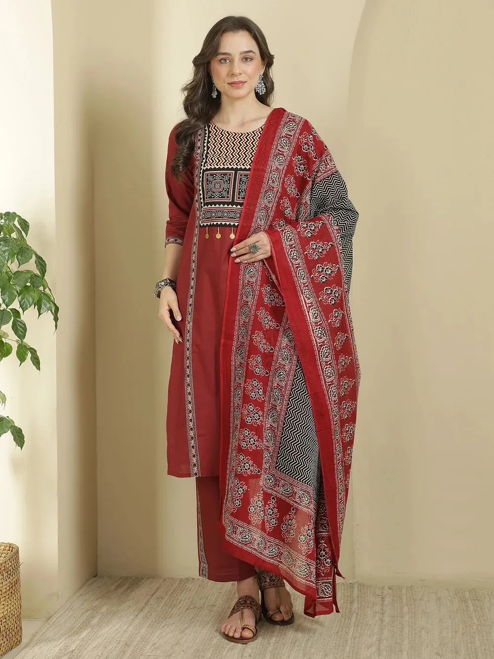Rust Straight Kurta Set with Dupatta