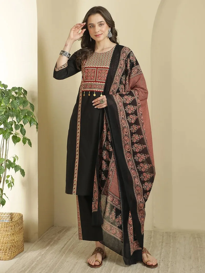 Black Printed Kurta Set with Dupatta