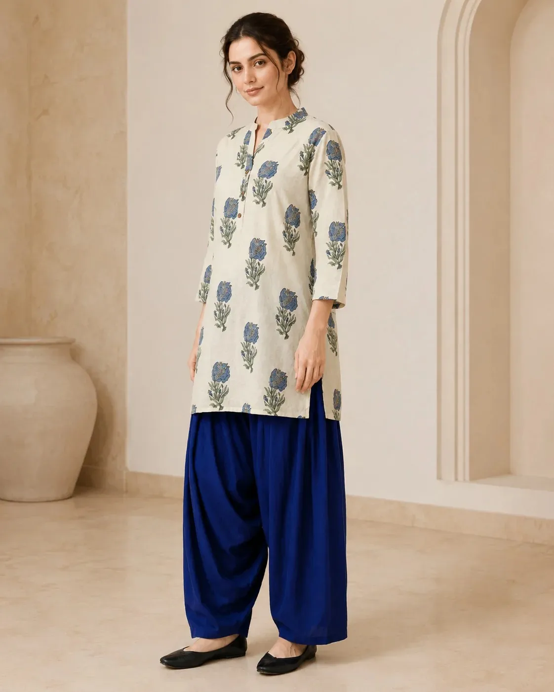 Cream Floral Kurta with Blue Trousers