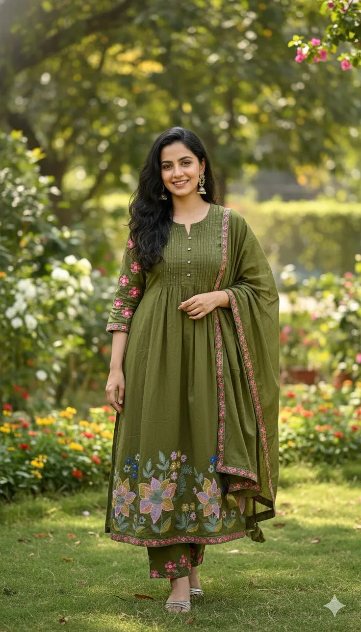 Green Straight Kurta Set with Dupatta